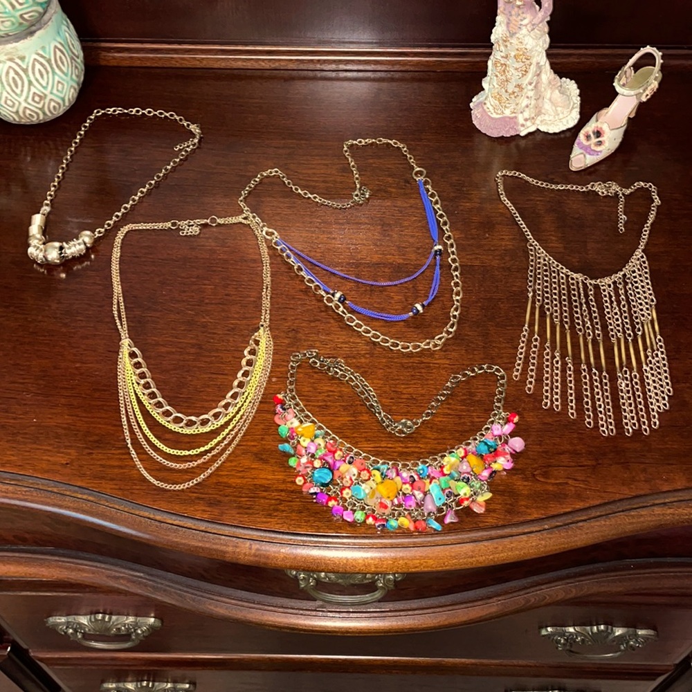 Five adjustable length, fashion necklaces